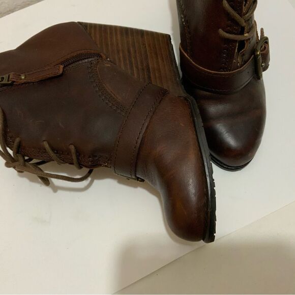 Fossil Charlene Ankle Boots Womens Size 7.5 Brown  Leather Lace Up Buckle Wedge - Picture 13 of 16